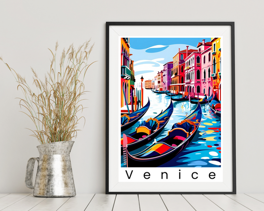 'Gondola's In Venice' - Vintage Travel Art Print - Unframed.