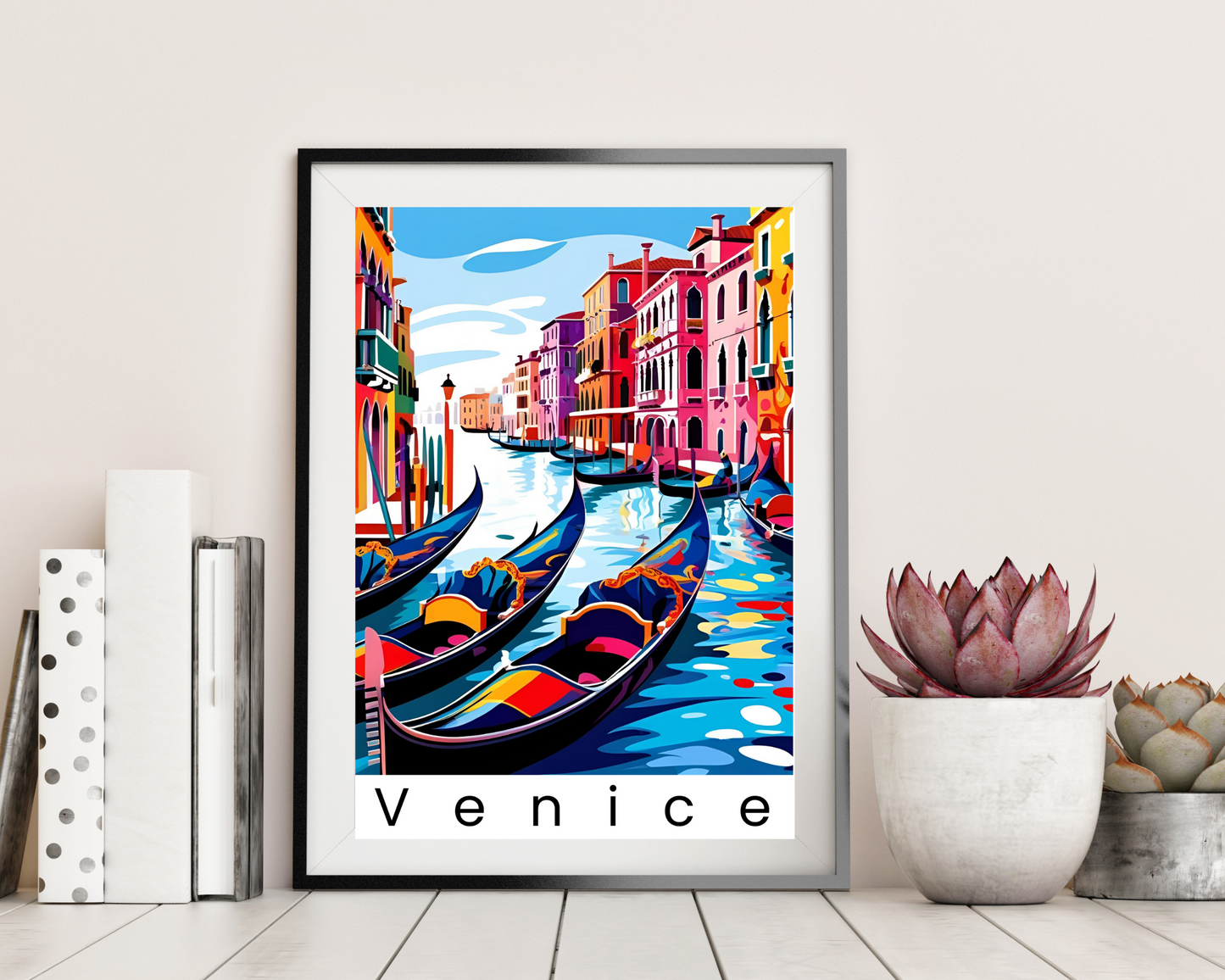 'Gondola's In Venice' - Vintage Travel Art Print - Unframed.