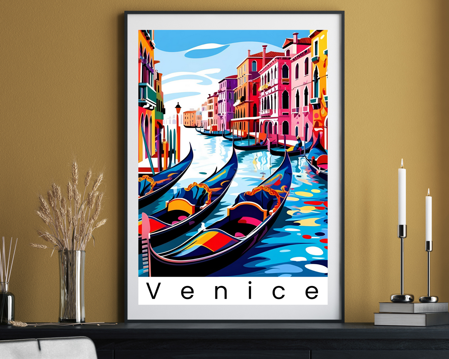 'Gondola's In Venice' - Vintage Travel Art Print - Unframed.