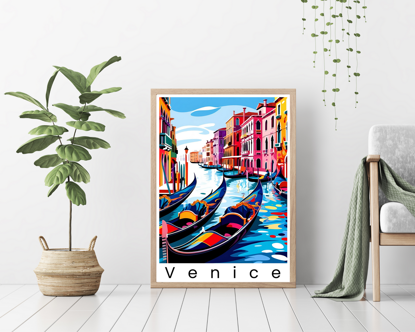 'Gondola's In Venice' - Vintage Travel Art Print - Unframed.