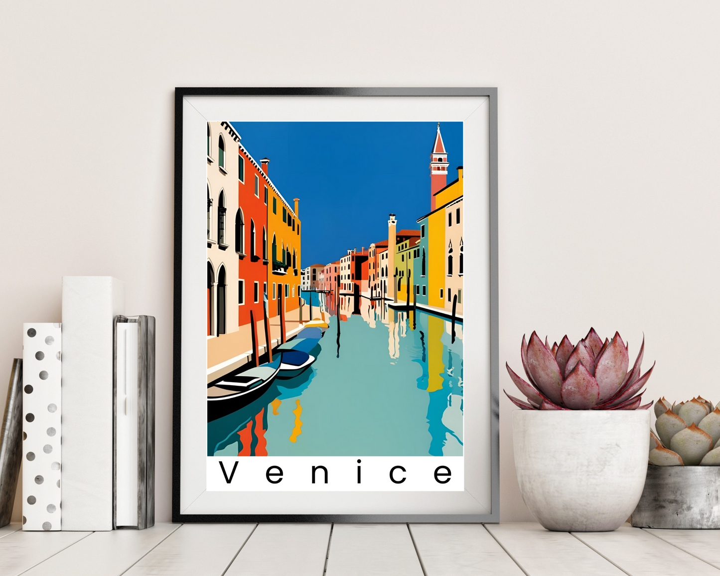 'Canals in Venice' - Vintage Travel Art Print - Unframed.