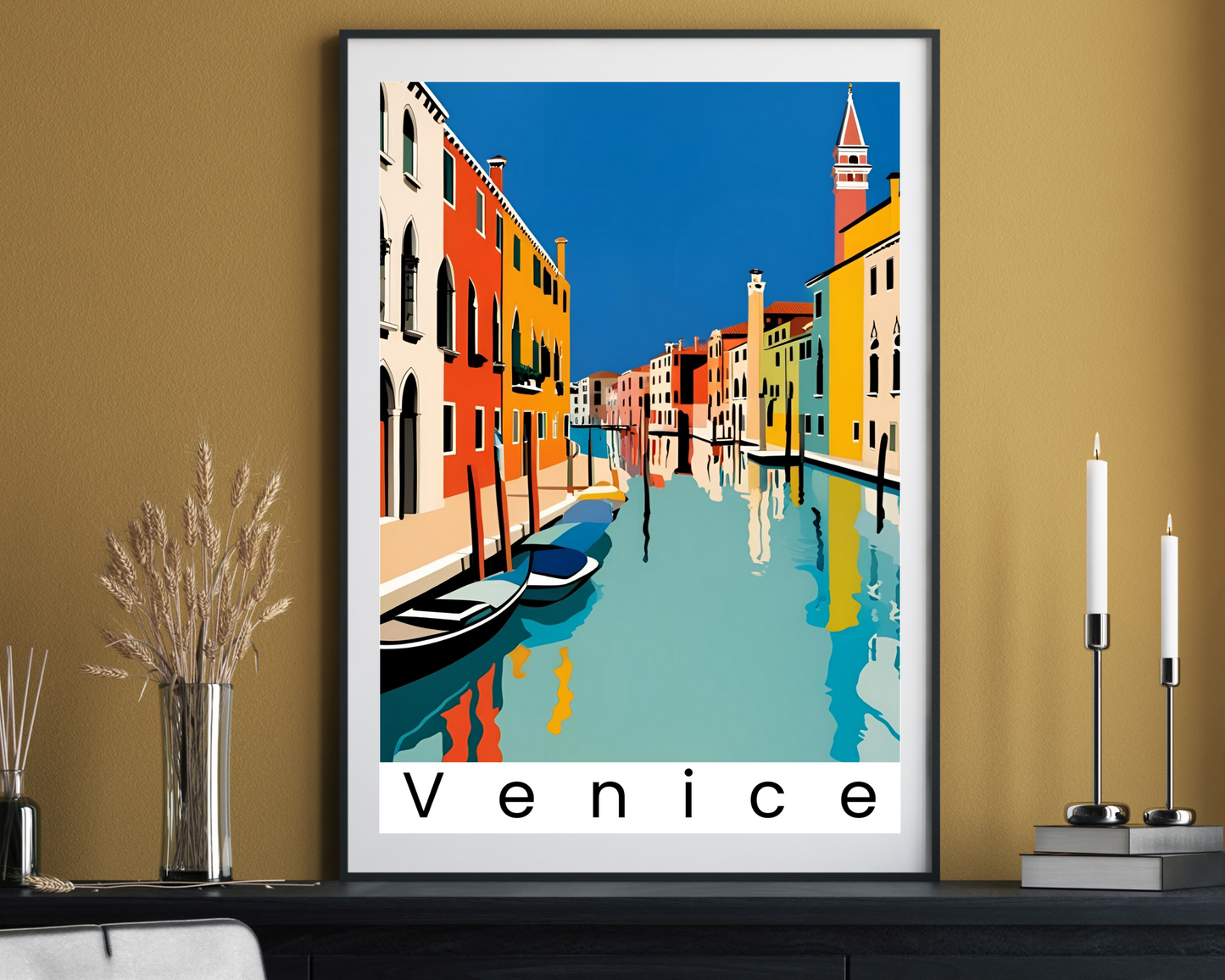 'Canals in Venice' - Vintage Travel Art Print - Unframed.