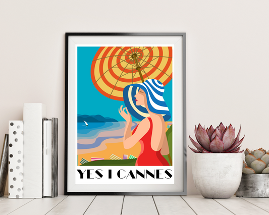 'Yes I Cannes' - Vintage Travel Art Print - Unframed.